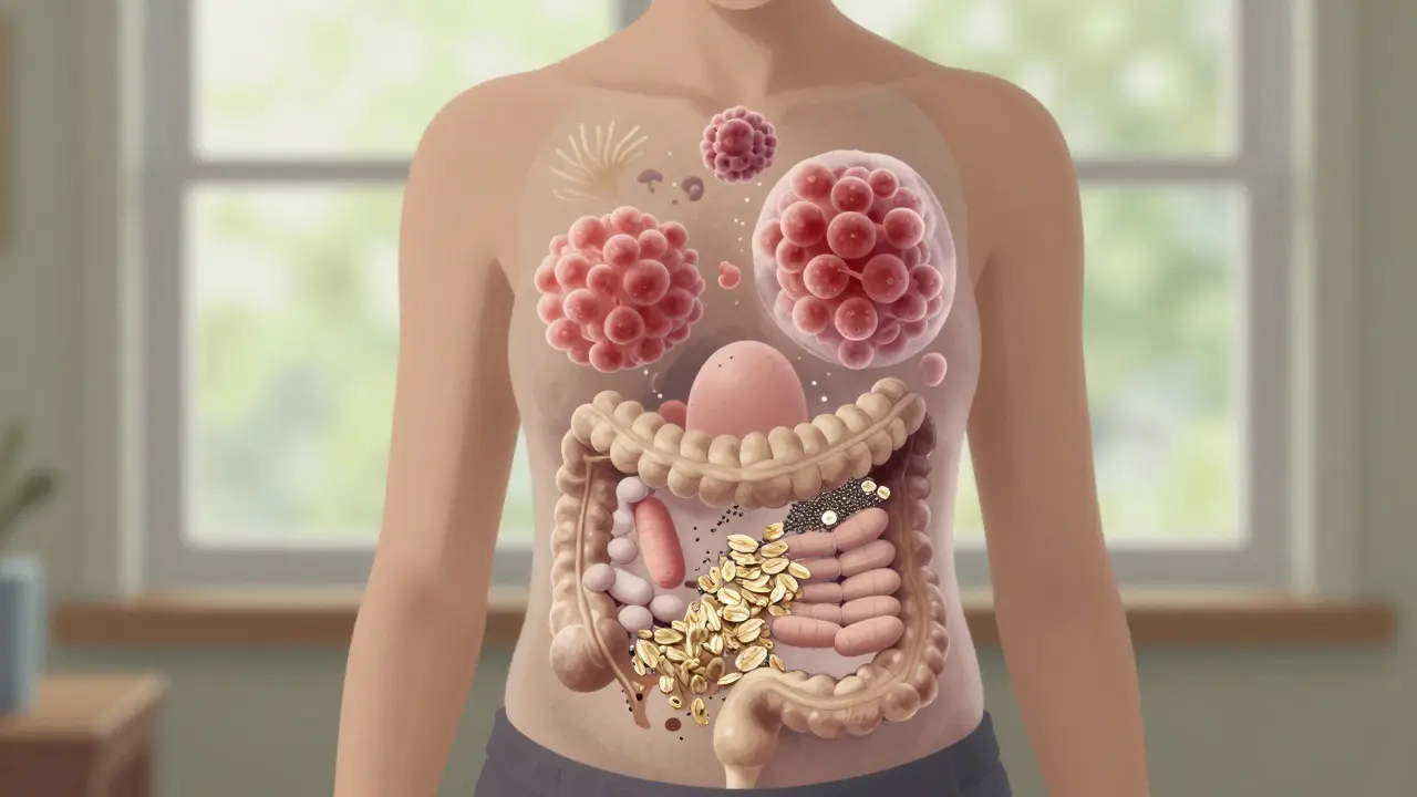 Průhledné tělo s prospěšnými bakteriemi rozkládajícími vlákninu v střevech