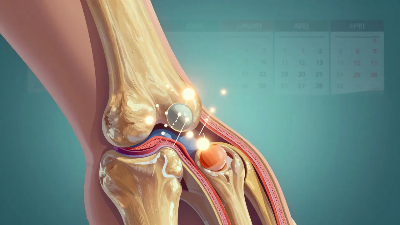 Průřez kloubu, kde se postupně obnovuje chrupavka pod vlivem molekul kolagenu, pozadí ukazuje přechod od ledna do dubna.