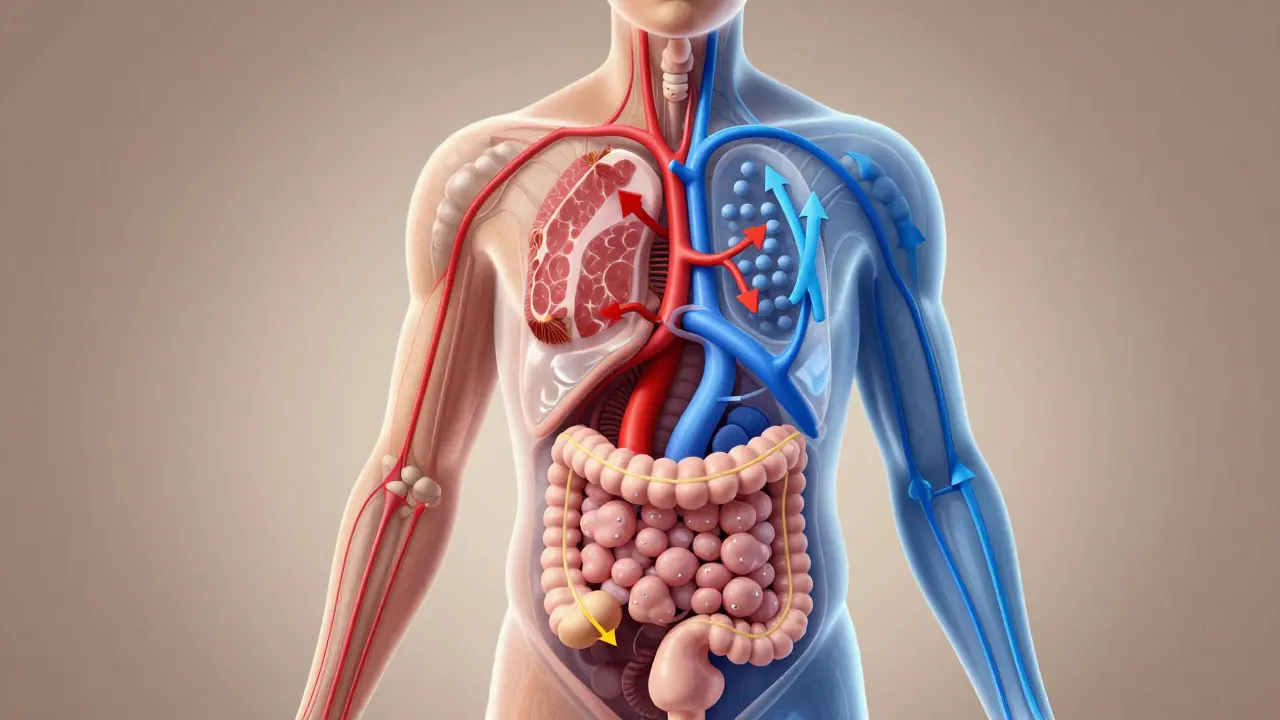 Průzračný lidský tělo s cestami škodlivých látek a kolagenu.