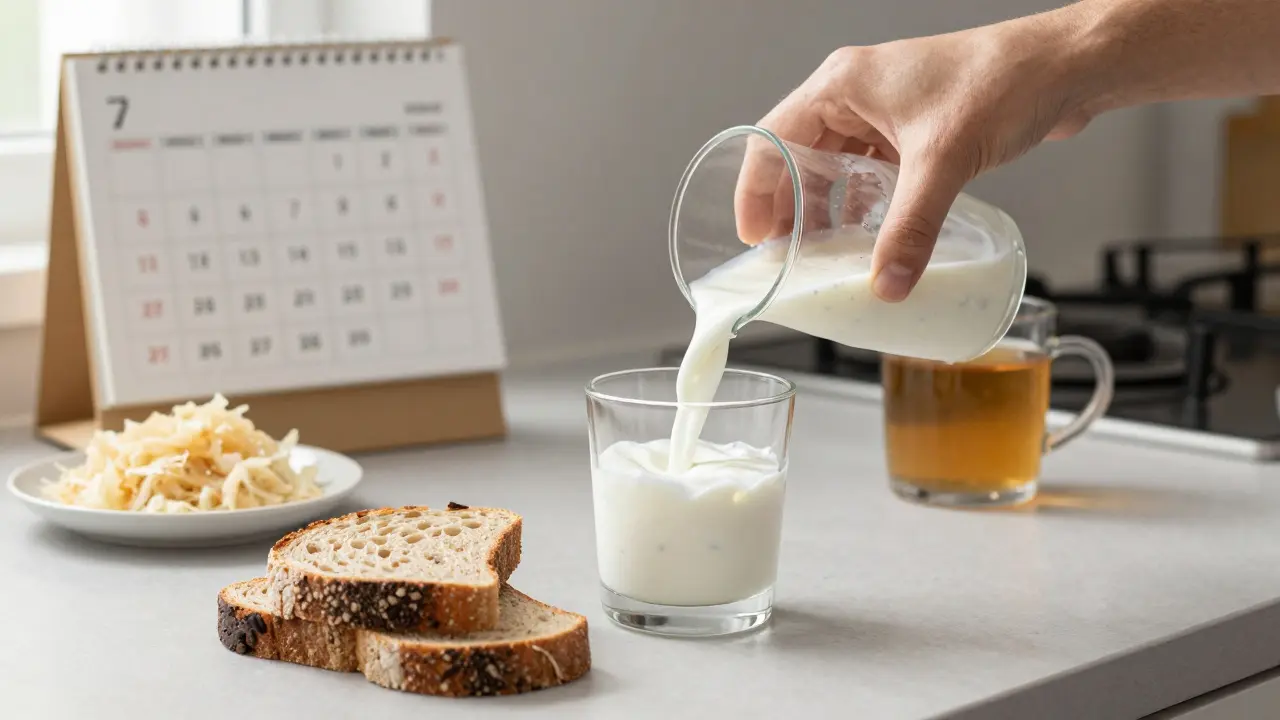 Ranní jídelníček s kefírem, žitným chlebem a kysaným zelím, symbolizující trvalý způsob života pro zdravá střeva.