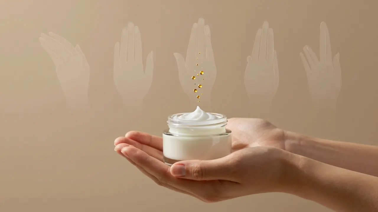 Ruce drží krém, z něj stoupají zlaté částice symbolizující hydrataci.