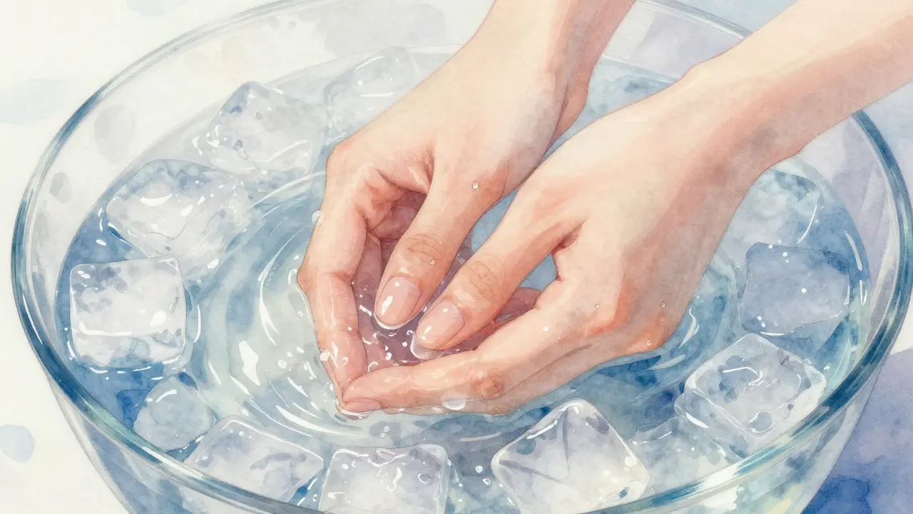 Ruce ponořené v studené vodě s ledem