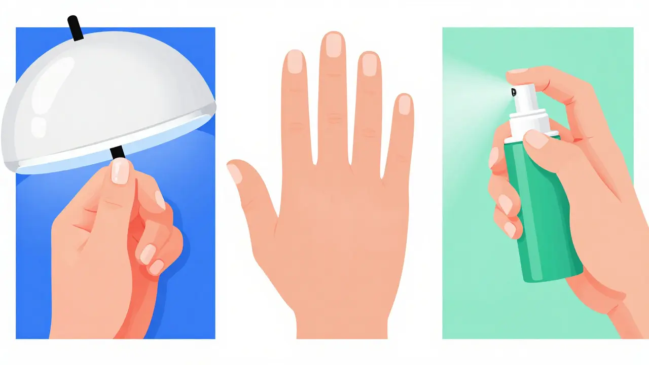 Ruce s UV lampou, standardním a rychlosušovacím lakem