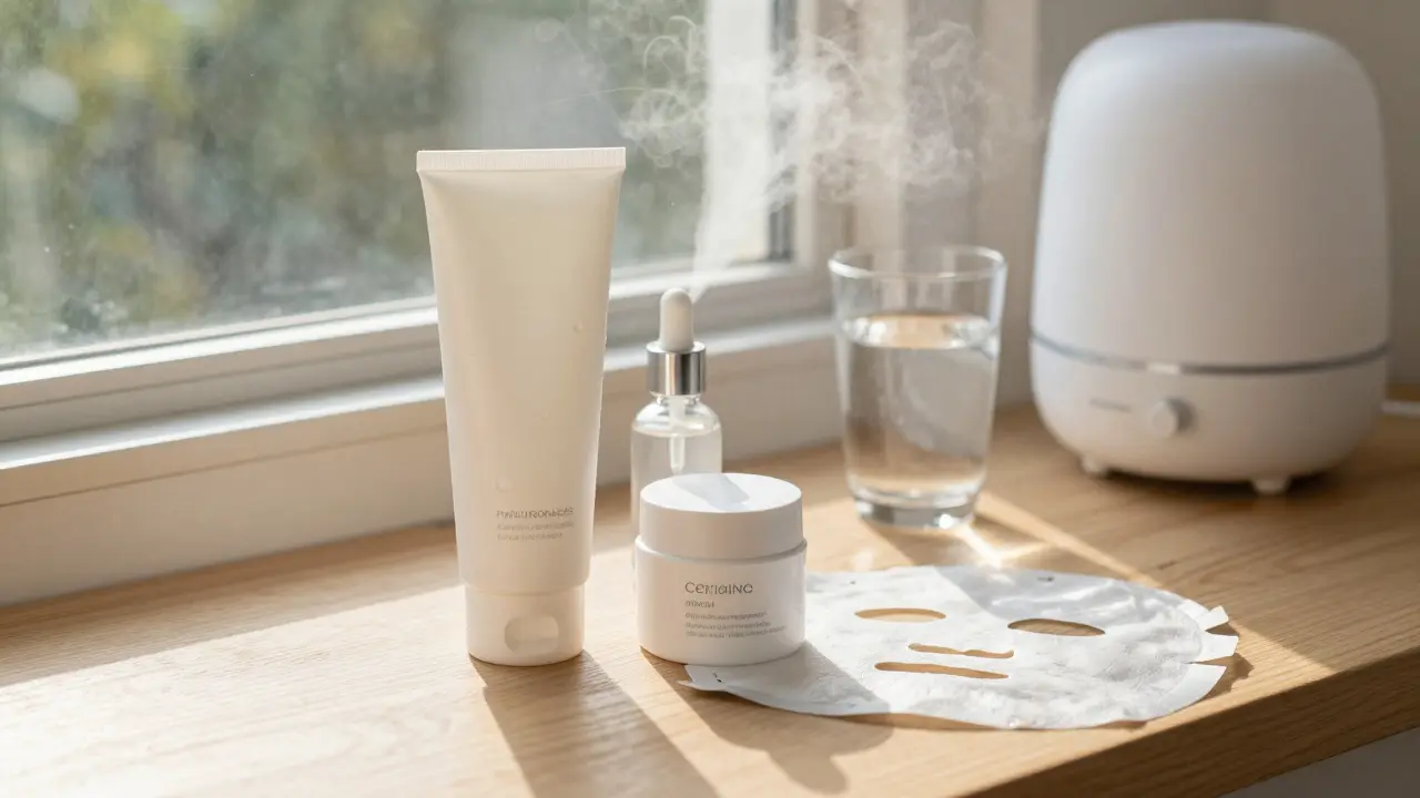 Skincare routine at dawn with serum, cream, mask, humidifier, and water glass in natural light.