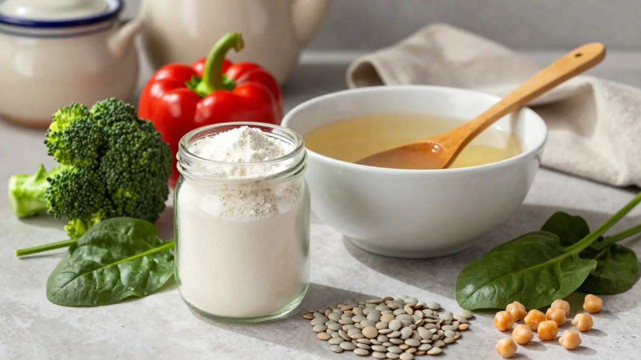 Sklenice mořského kolagenu vedle vývaru a čerstvé zeleniny.