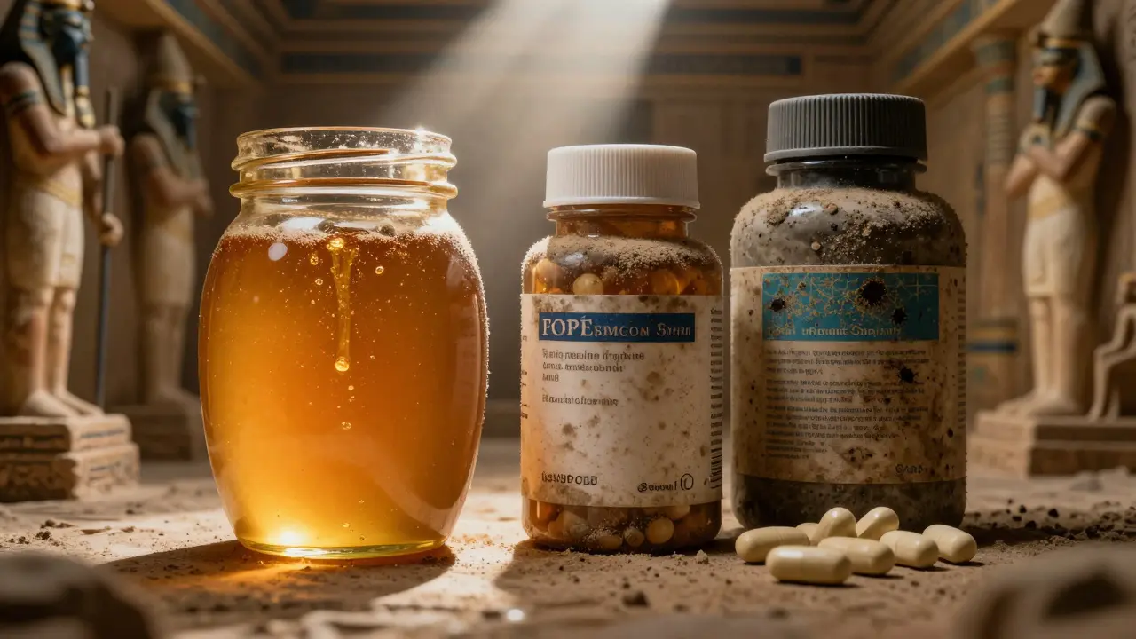 Starověký egyptský hrob s medem a moderními multivitamíny, kde med svítí v osvětlení, zatímco vitamíny leží v stínu a zkažené.