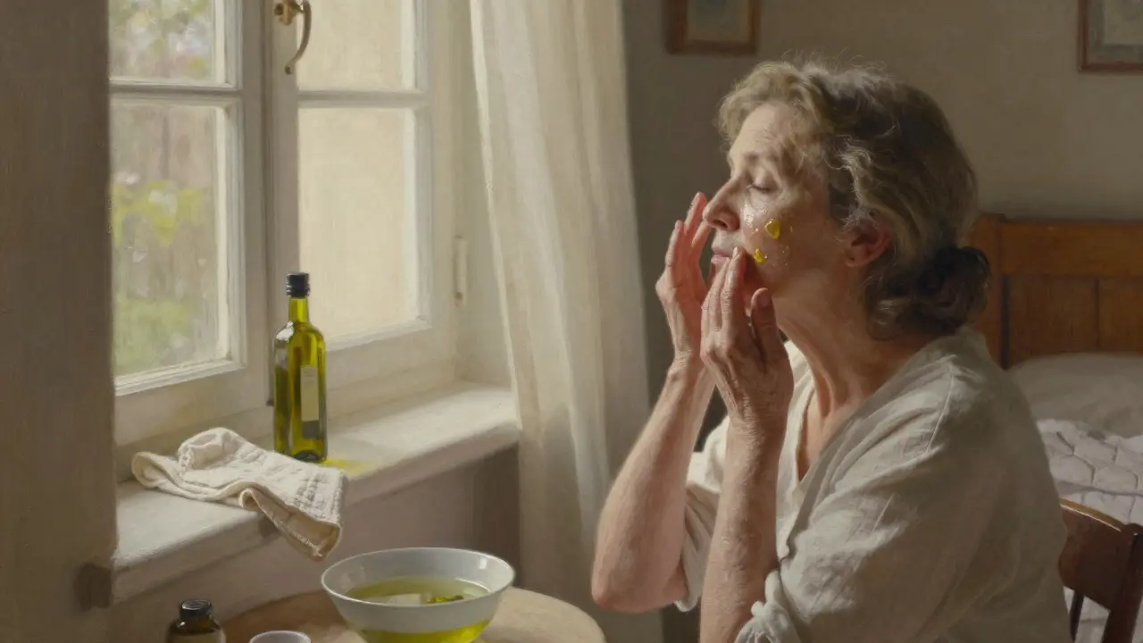 Starší žena jemně nanesává olivový olej na obličej při denním světle.