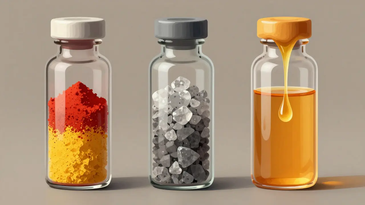 Tři průhledné lahvičky s různými složkami multivitaminů: rozkládající se vitamíny, stabilní minerály a kapka medu.