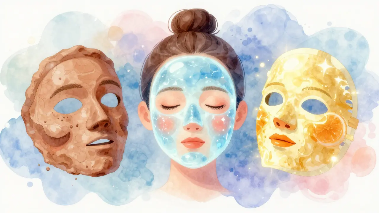 Tři typy mask na pleť v abstraktní formě: čistící, uklidňující a revitalizační, s barvami symbolizujícími jejich účinky.