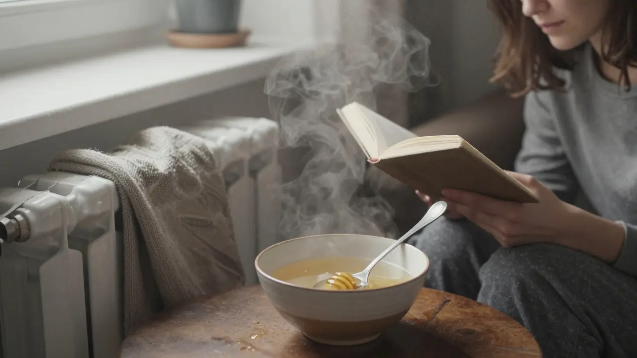 V místnosti visí mokrý hadřík na baterii, vedle něj je nádoba s kvasníkem a medem.