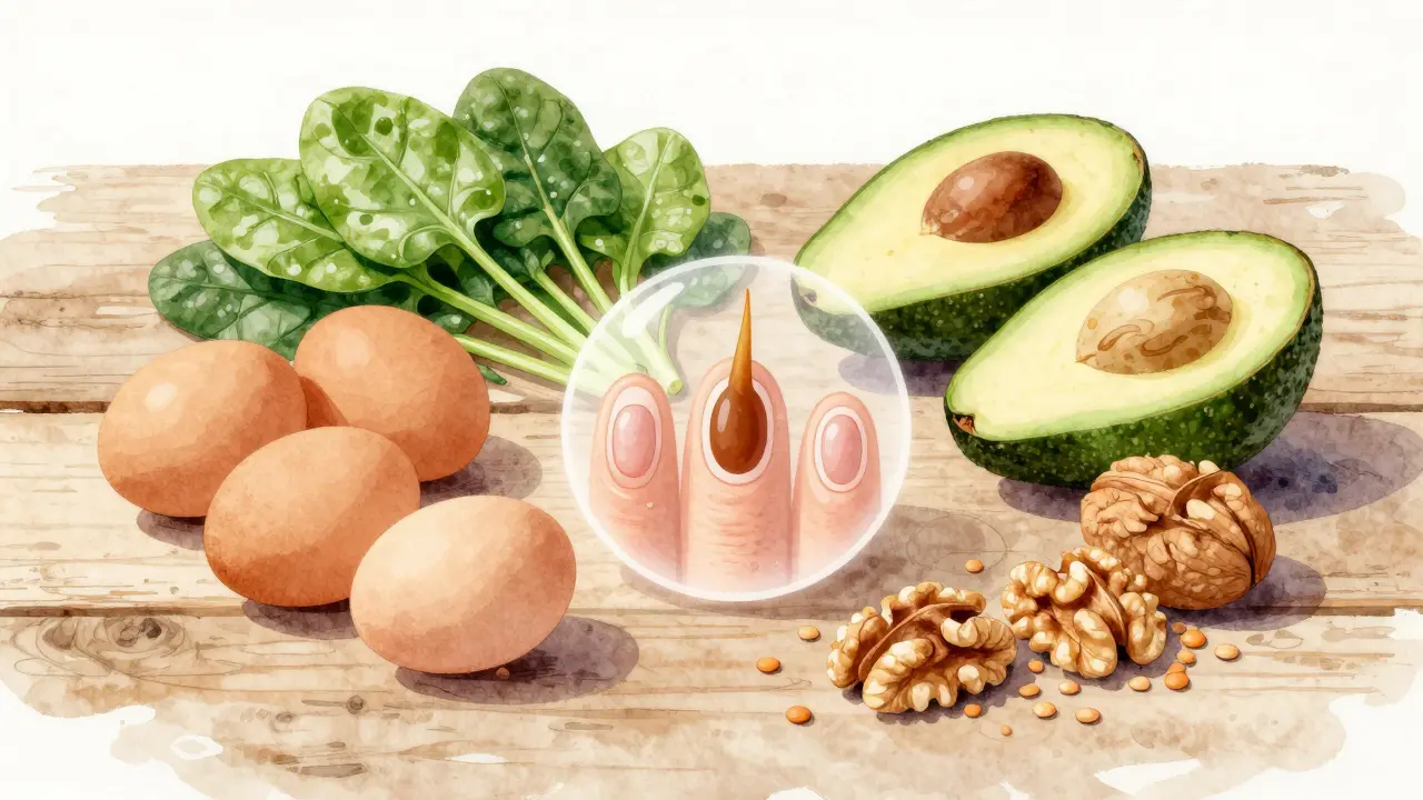 Zdravá jídla pro růst nehtů: vajíčka, špenát, avokádo a ořechy na dřevěném stole.