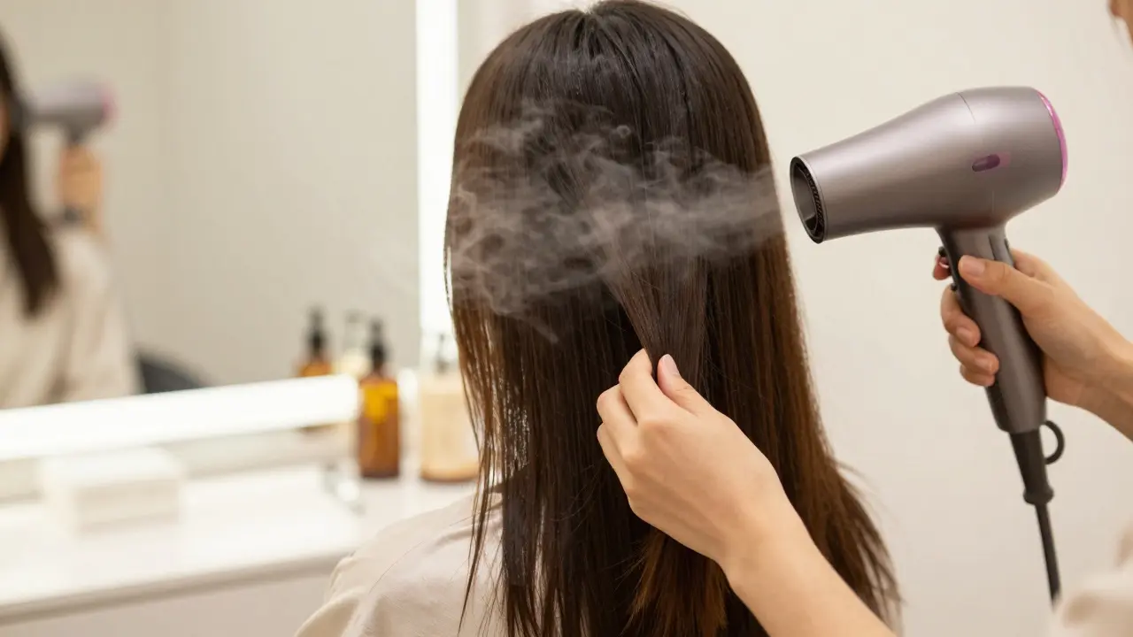 Žena aplikuje sérum na vlasy před sušením tepelným nástrojem, zachycená v přirozeném osvětlení.