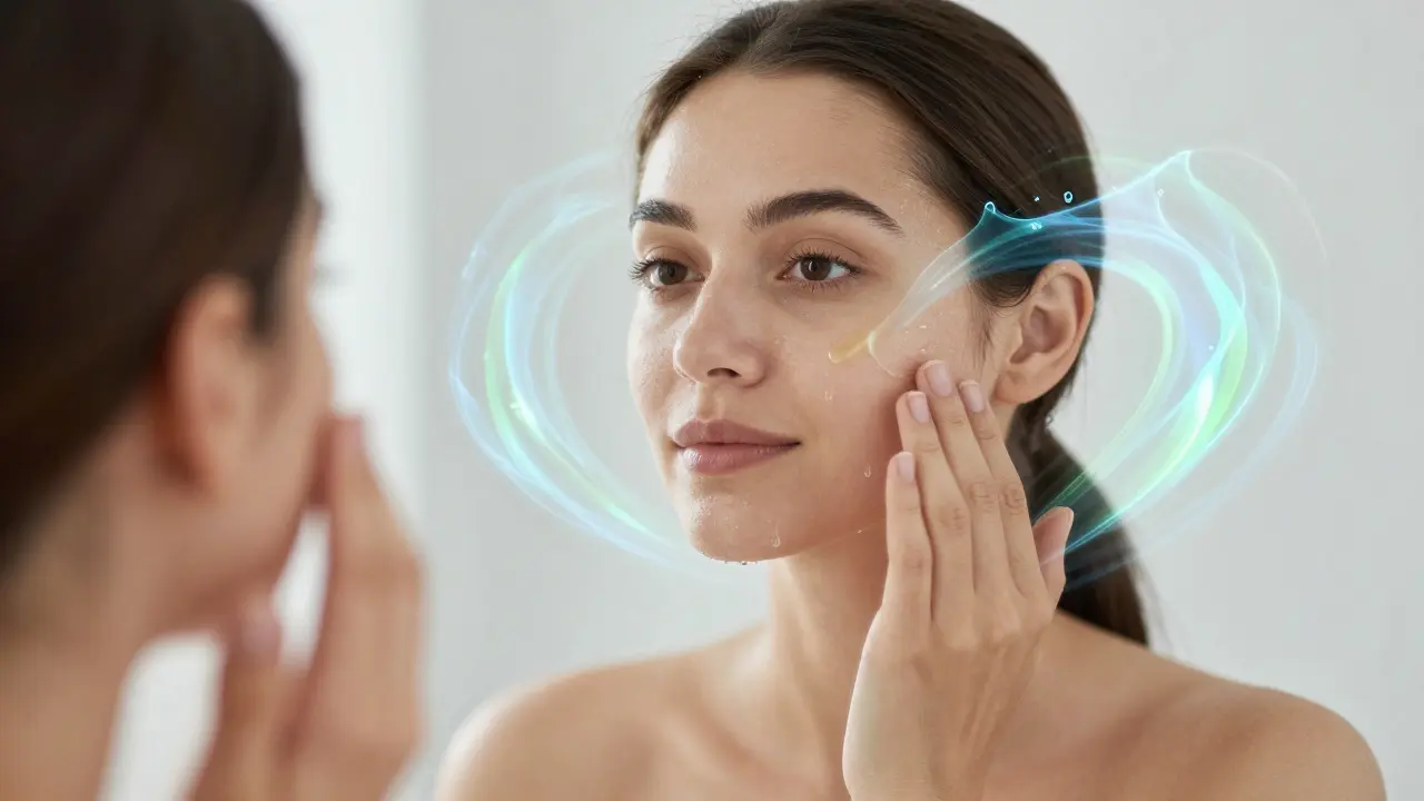 Žena nanáší aloe vera vodu na obličej, její kůže září zdravě.