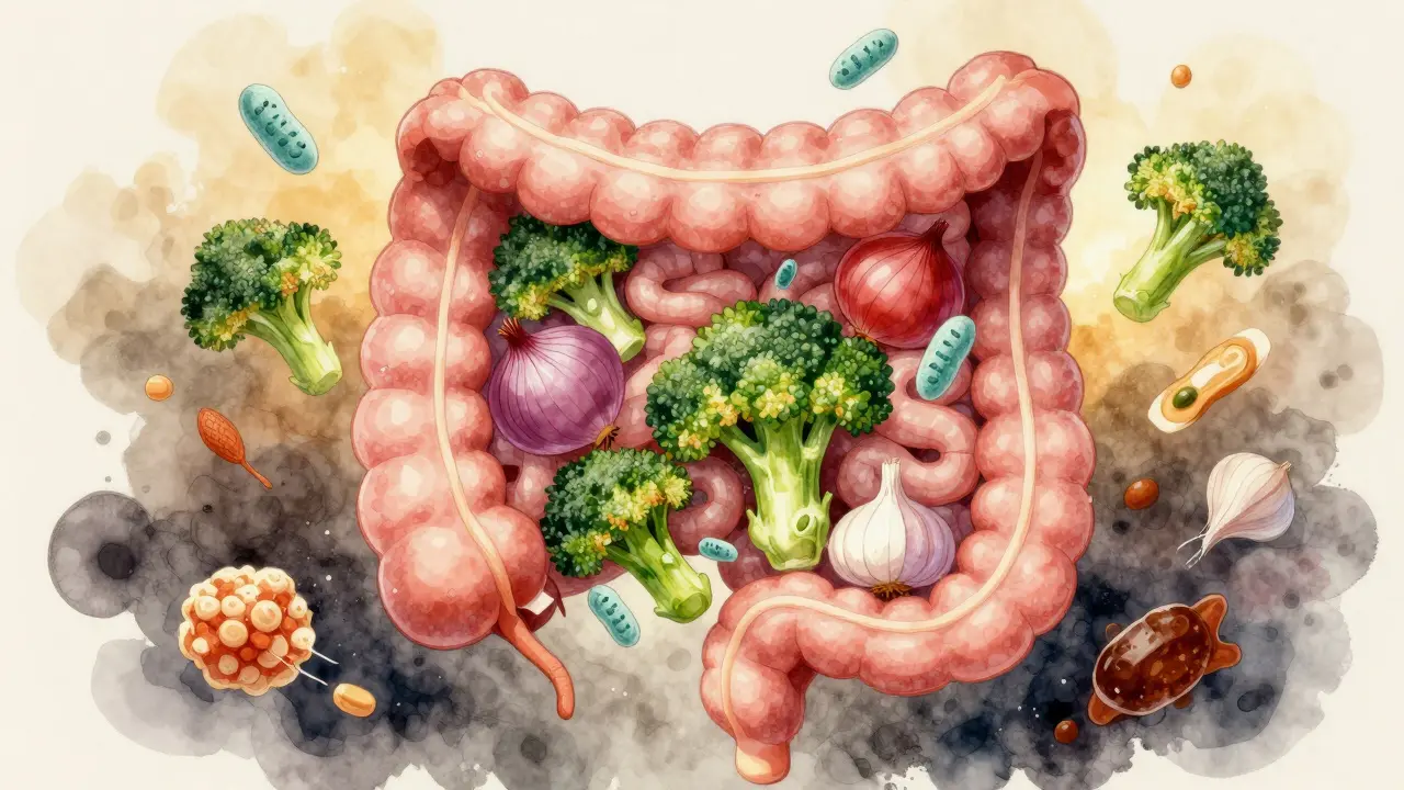 Živý střevní mikrobiom s probiotiky a prebiotickými potravinami, zatímco zpracované potraviny zanikají ve stínu.