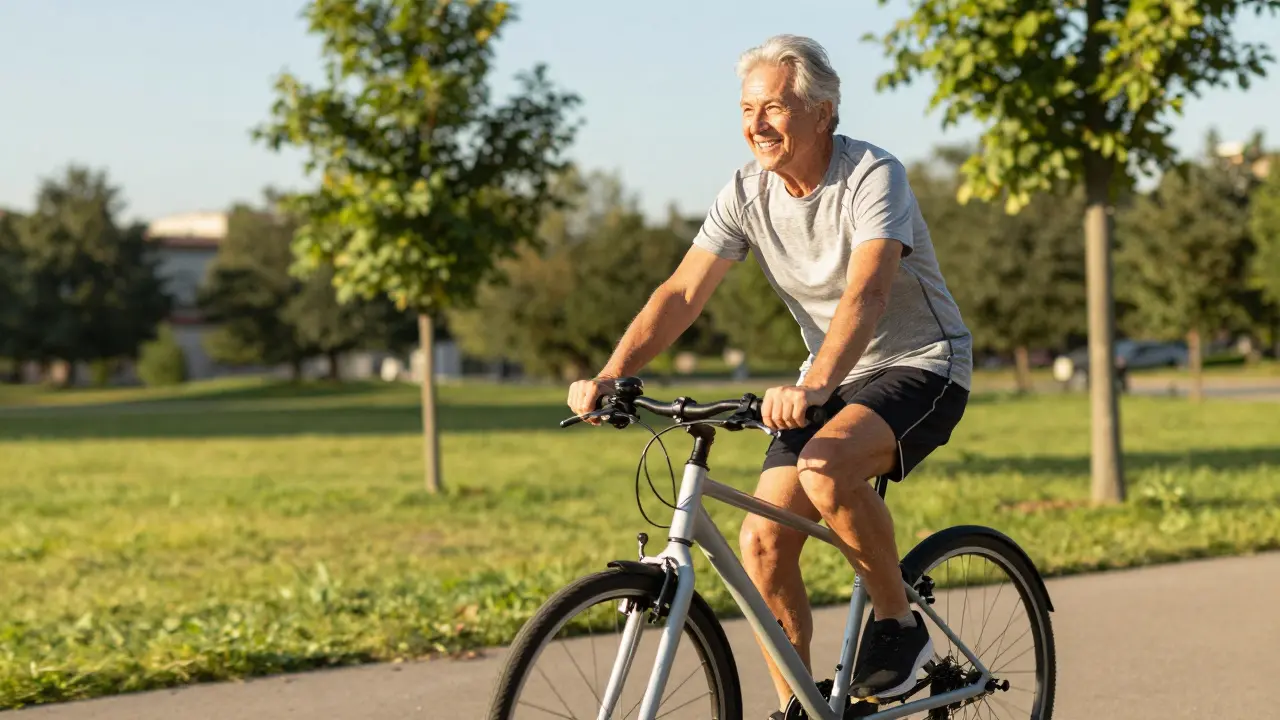 Aktivní pacient cyklistuje po obnovení pohyblivosti kloubů.