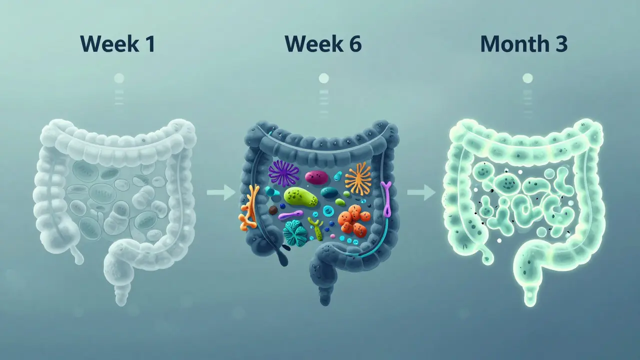 Časová osa obnovy střevní mikroflóry: od poškození přes obnovu k stabilnímu ekosystému.