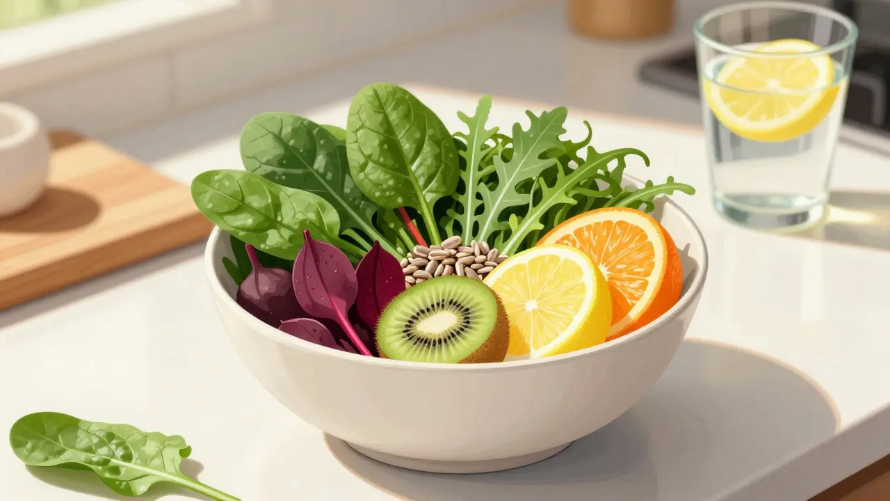 Čerstvé zelené listové zeleniny, citrusové plody a semínka na dřevěném stole ve světle přírodního světla.