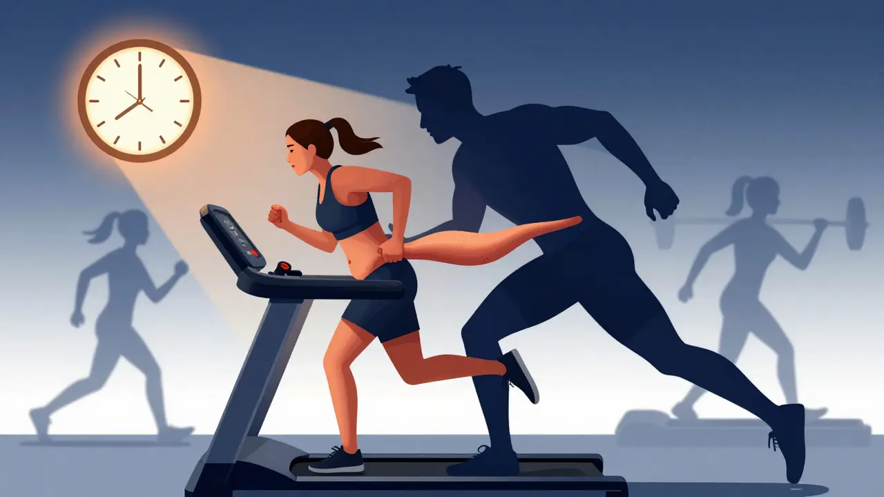 Člověk běží na běžeckém proudu, zatímco stresový hormon kortizol přitahuje tuk k břišní oblasti, za ním jemnější alternativy cvičení.