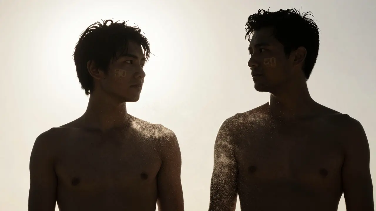 Dvě siluety pod sluncem: jedna s neúplnou ochranou, druhá s plnou, symbolizující aplikaci SPF 30 a 50.