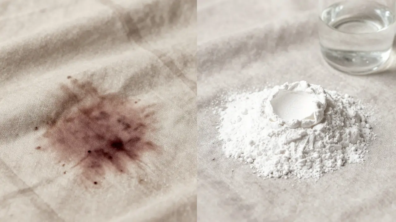 Dvě strany stejné látky: jedna po špatném čištění s horkou vodou a bělidlom, druhá po správném odstranění skvrny.