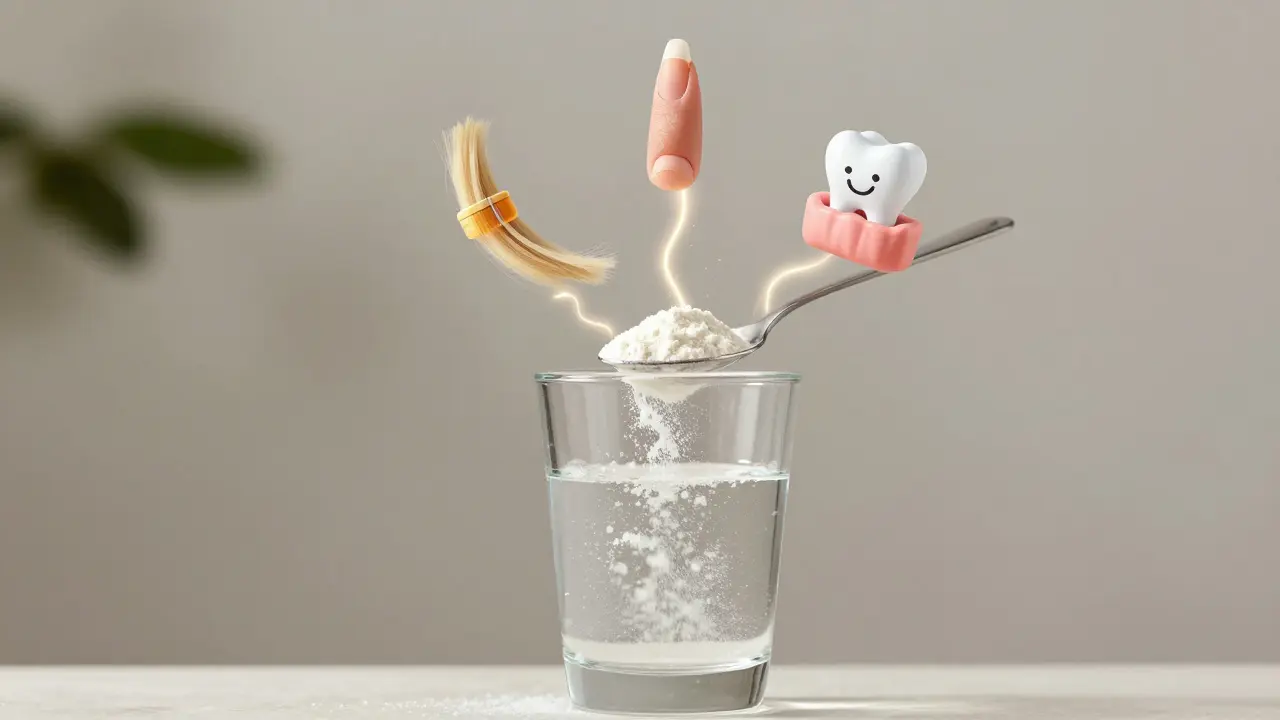 Kolagenový doplněk v vodě s symboly zdraví vlasů, nehtů a zubů.