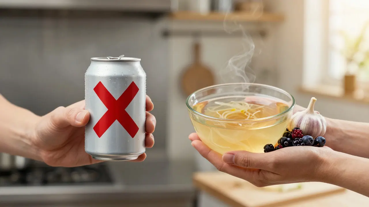 Kontrast mezi cukrovým nápojem a přírodní vývary s kolagenem, symbolizující volbu mezi poškozováním a léčbou kloubů.