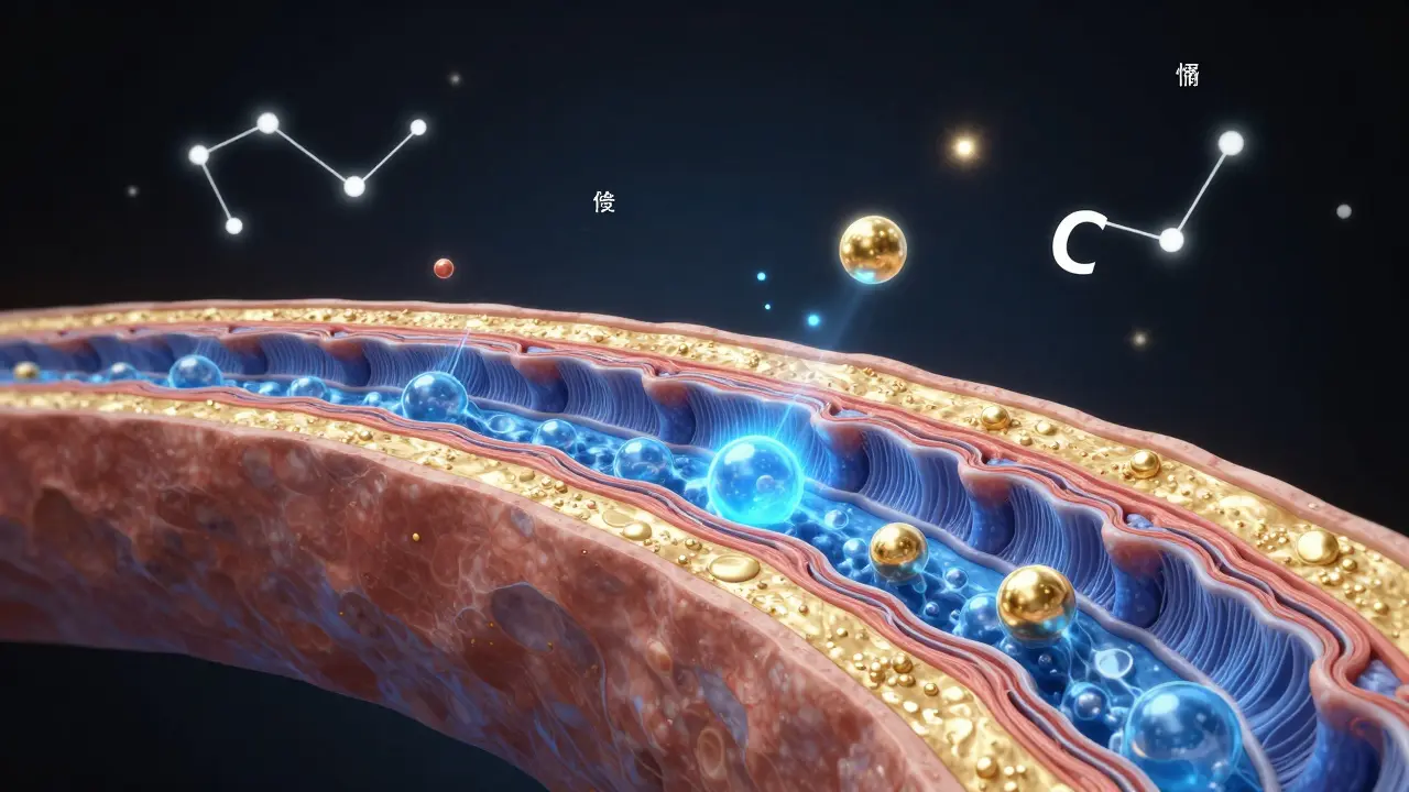 Křížový řez kloubu s kolagenem, hyaluronovou kyselinou a vitamínem C.