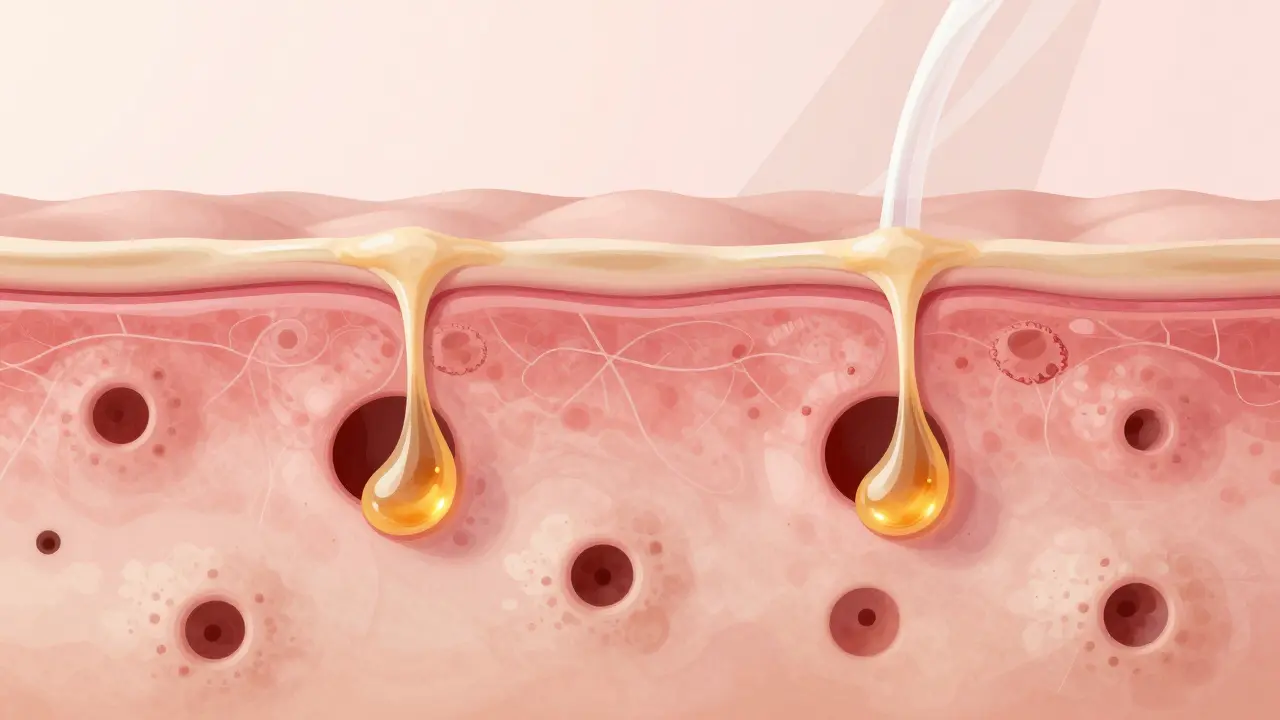 Křížový řez kůže ukazující čisté póry a obnovu kolagenu