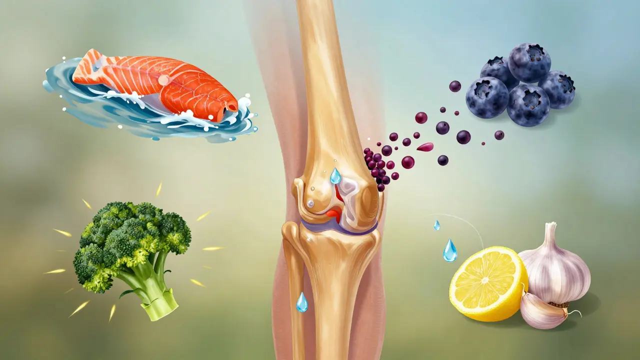 Kulový kloub napájený výživou z ryb, brusinek, brokolice a česnaku, symbolizující přírodní regeneraci.