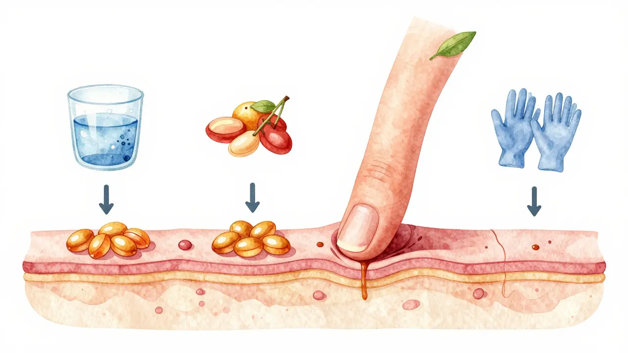 Náhrdelník s prvky podporujícími růst nehtů: voda, potraviny a rukavice.