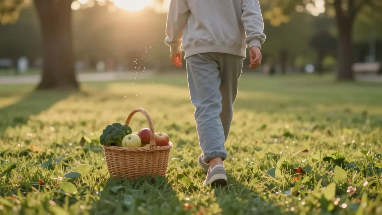 Osoba prochází v parku večer s potravinami pro obnovu střevní mikroflóry.