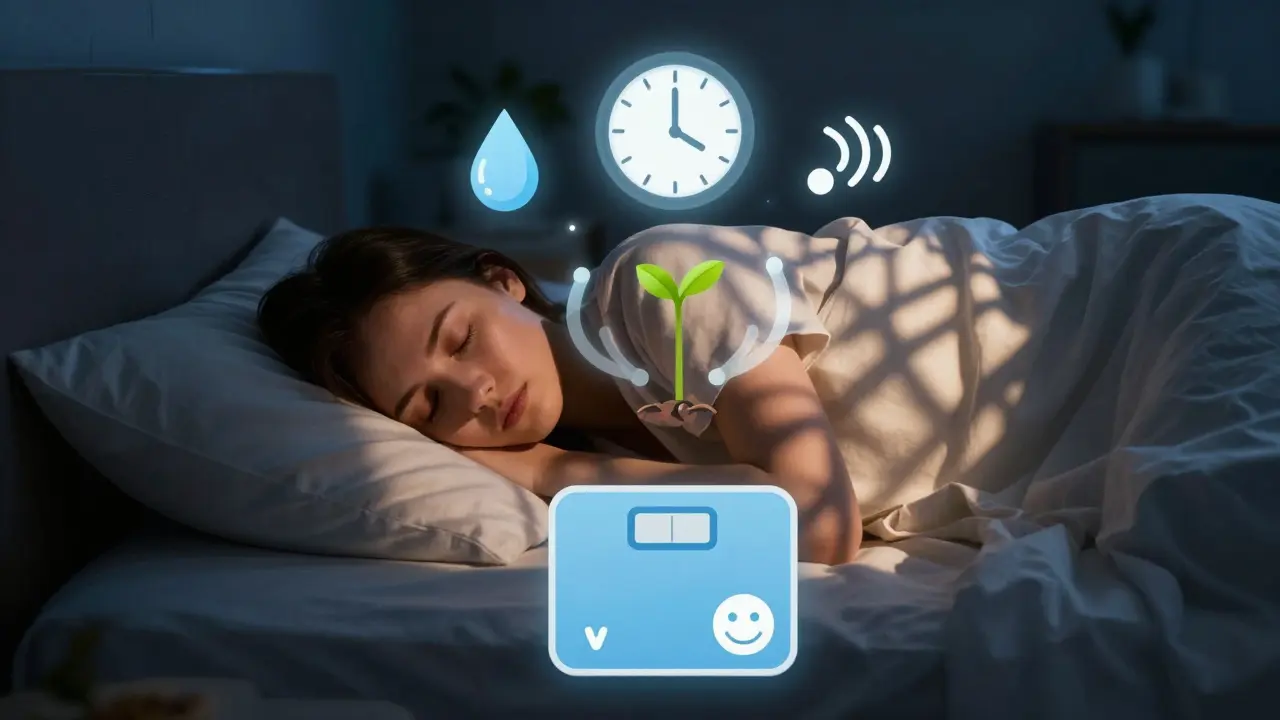 Osoba spí v temné místnosti, nad ní plavou symboly spánku, vody a klidného dechu, zatímco váha ukazuje pokrok a klidný výraz.