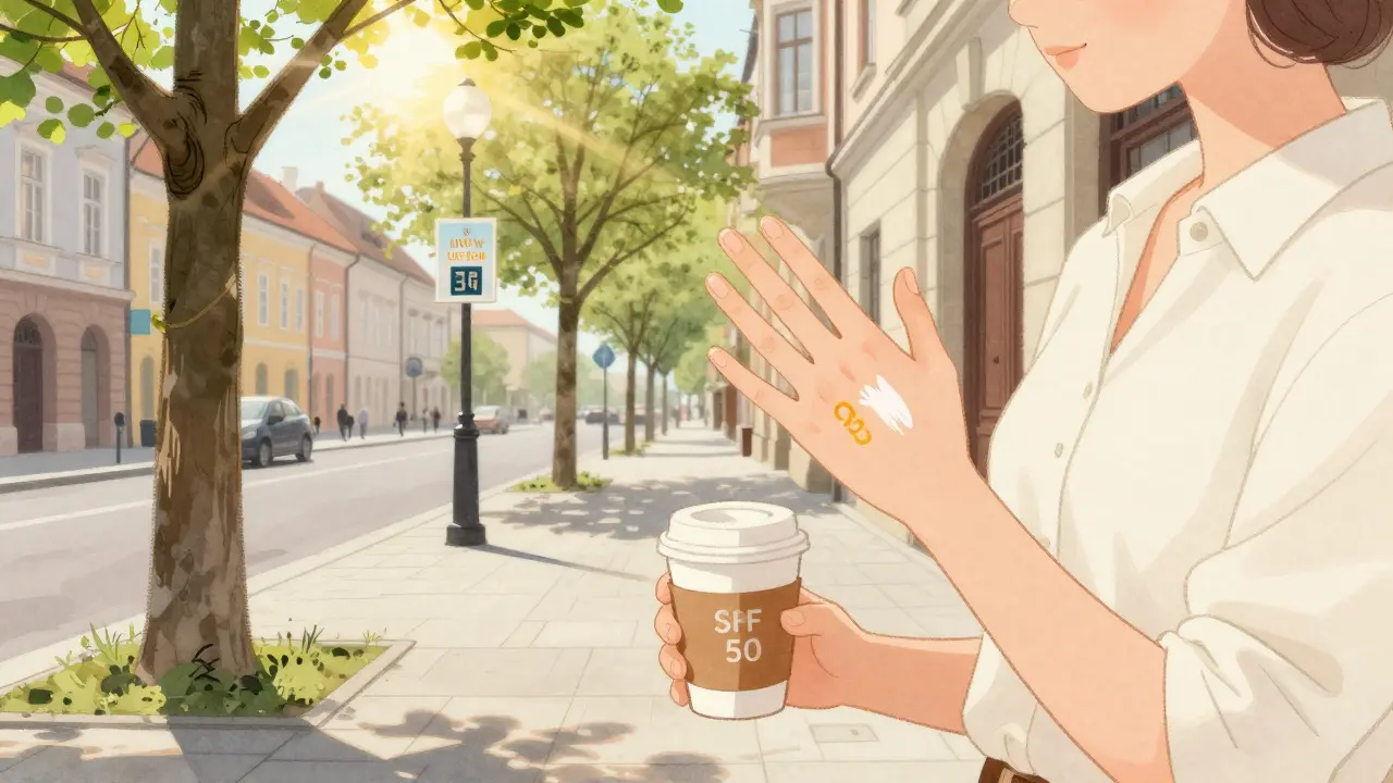 Osoba v městě Brno aplikující sluneční ochranu v březnovém slunci s mírným UV indexem.