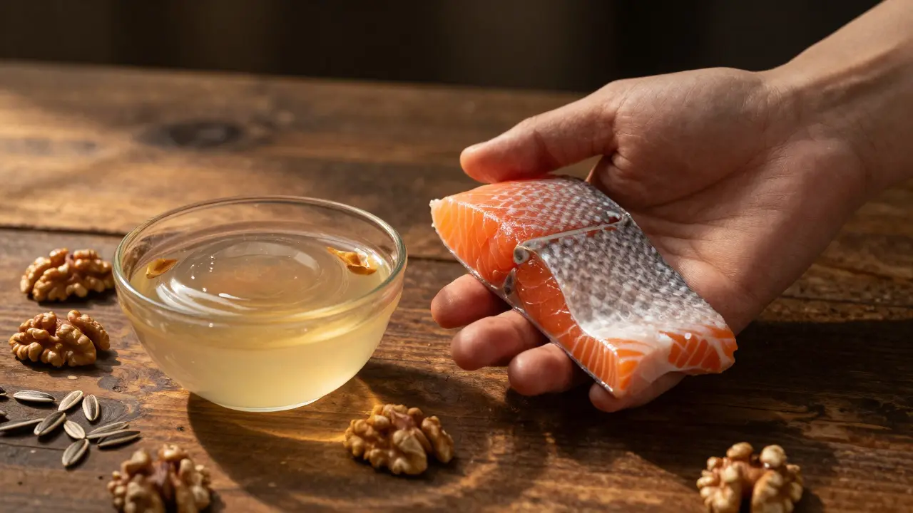 Pečená lososová šunka s kostmi a kůží vedle želé z vývaru s oříšky a semínky.