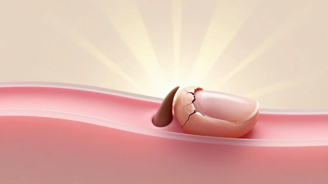 Přehledový pohled na růst nového, zdravého nehtu z jeho lůžka, které se pomalu obnovuje.