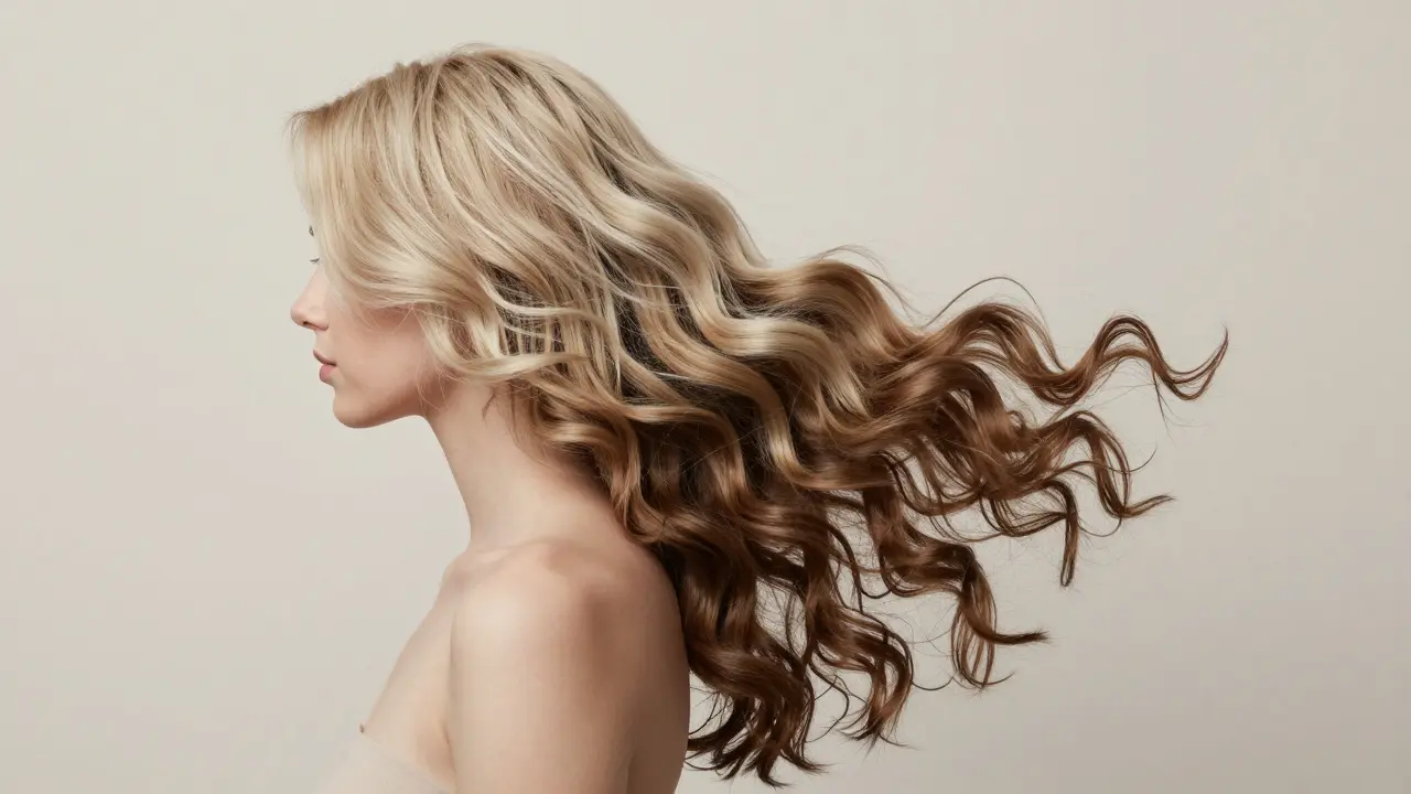 Profil ženy, jejíž vlasy přecházejí z tenkých do objemných, symbolizující obnovu.