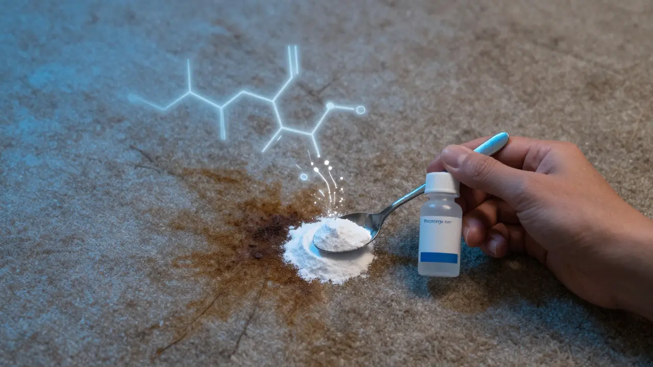 Ruka drží hydrogen peroxid a sodu vedle skvrny na koberci, symbolicky znázorňující rozklad tanninů.