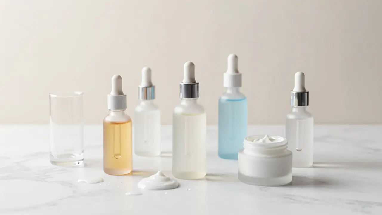 Skleněné lahve s séry a krémy na mramorovém povrchu