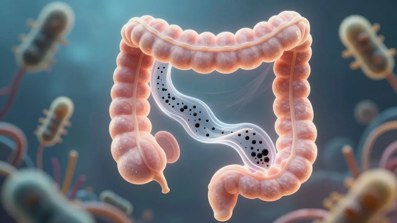 Transparent gel cleaning toxins from glowing digestive tract, healthy bacteria thriving