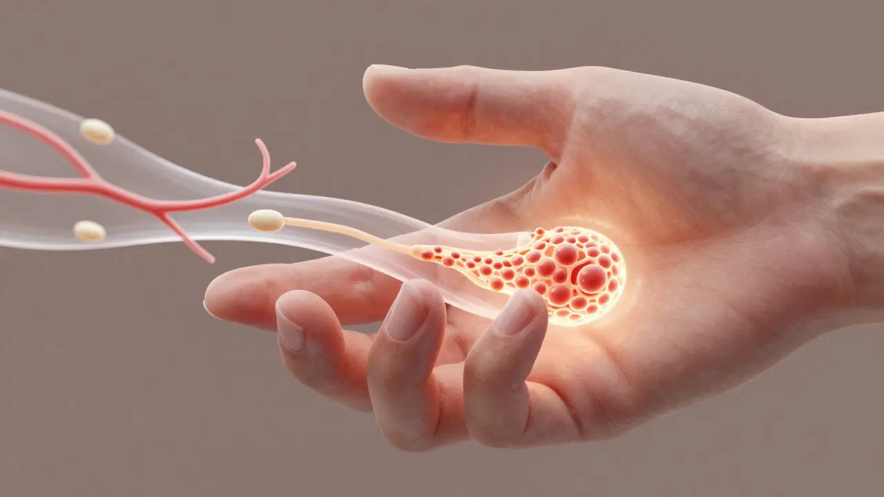 Transparentní ilustrace růstové zóny nehtu s buňkami a krevními cévami.