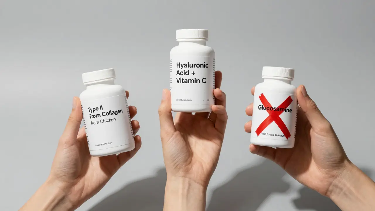 Tři láhve s doplňky: účinný kolagen, hyaluronan a vitamín C vs. neúčinné alternativy.