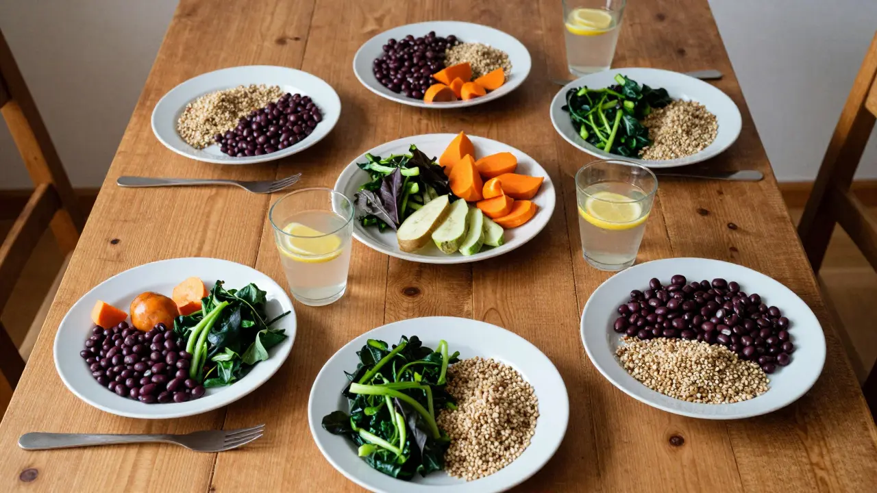 Týdenní plán jídel s celozrnnými potravinami, zeleninou a leguminami bez detox přípravků.