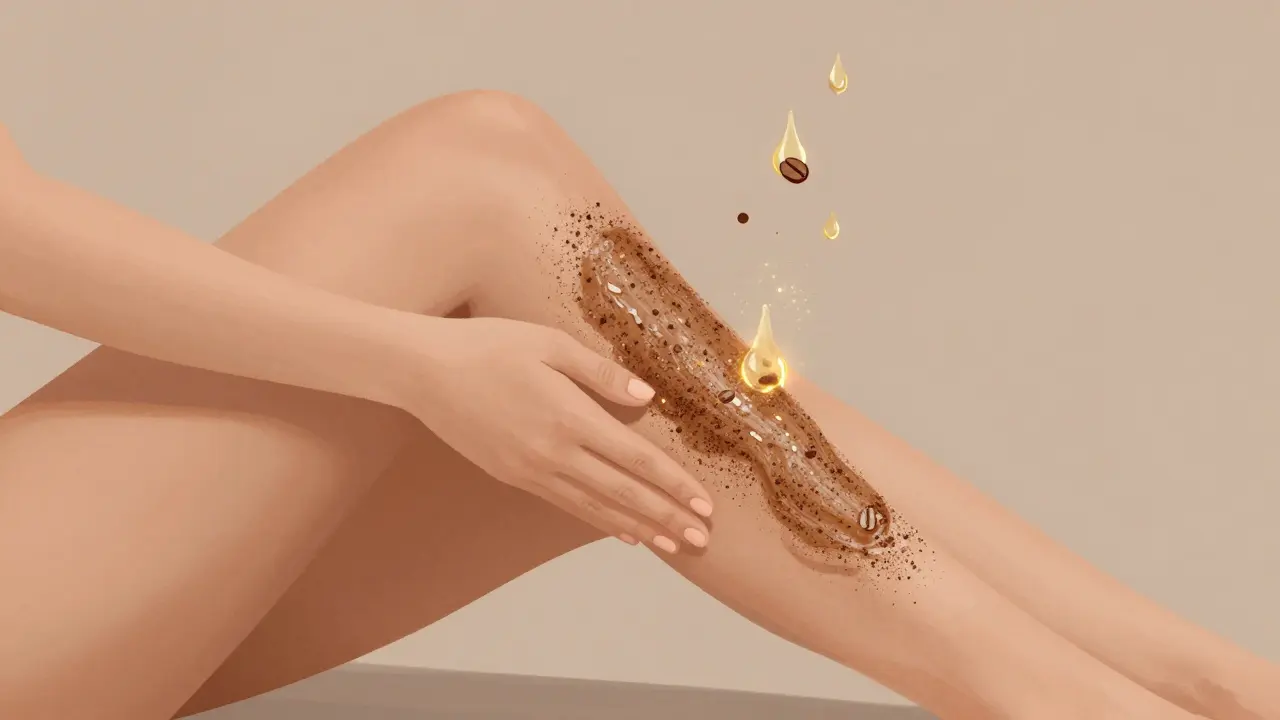 Žena aplikuje kávový peeling na stehna s vizuálním znázorněním krevního oběhu.