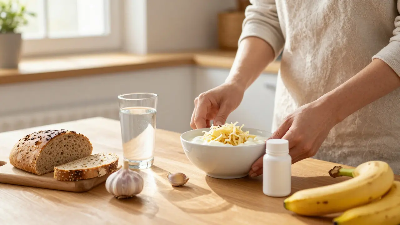 Žena připravuje jídlo s kefírem, kvaseným zelím a banánem pro obnovu střevní mikroflóry.