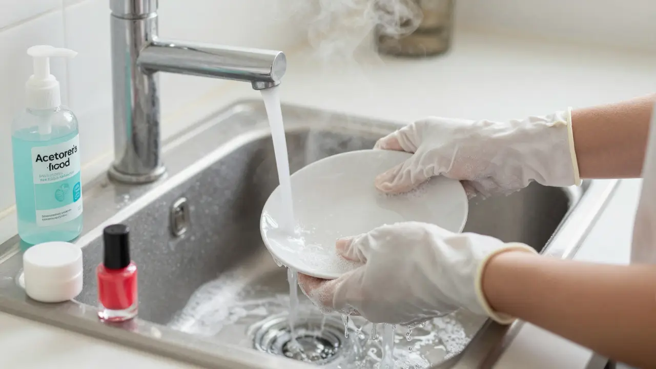 Žena v bavlněných rukavicích myje nádobí, vedle ní stojí odstraňovač bez acetonu a olej na nehty.