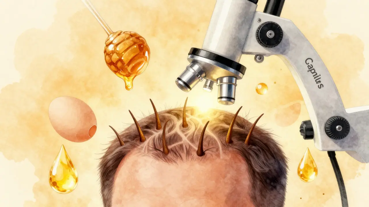 Zvětšený pohled na vlasové folikuly s přirozenými látkami a laserovým zařízením.