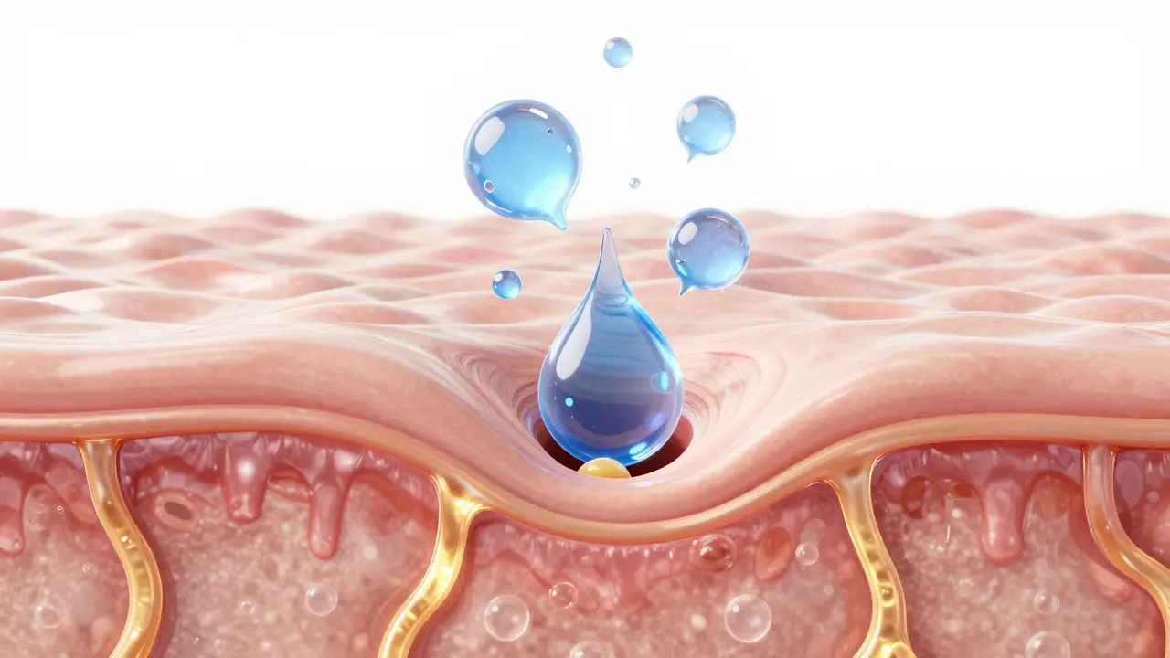 3D ilustrace čištění póru od mazu pomocí kyseliny salicylic.