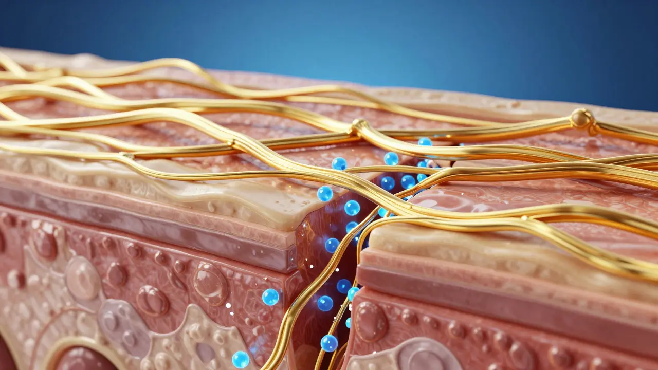 3D vizualizace regenerace kolagenových vláken v hlubší vrstvě lidské kůže.
