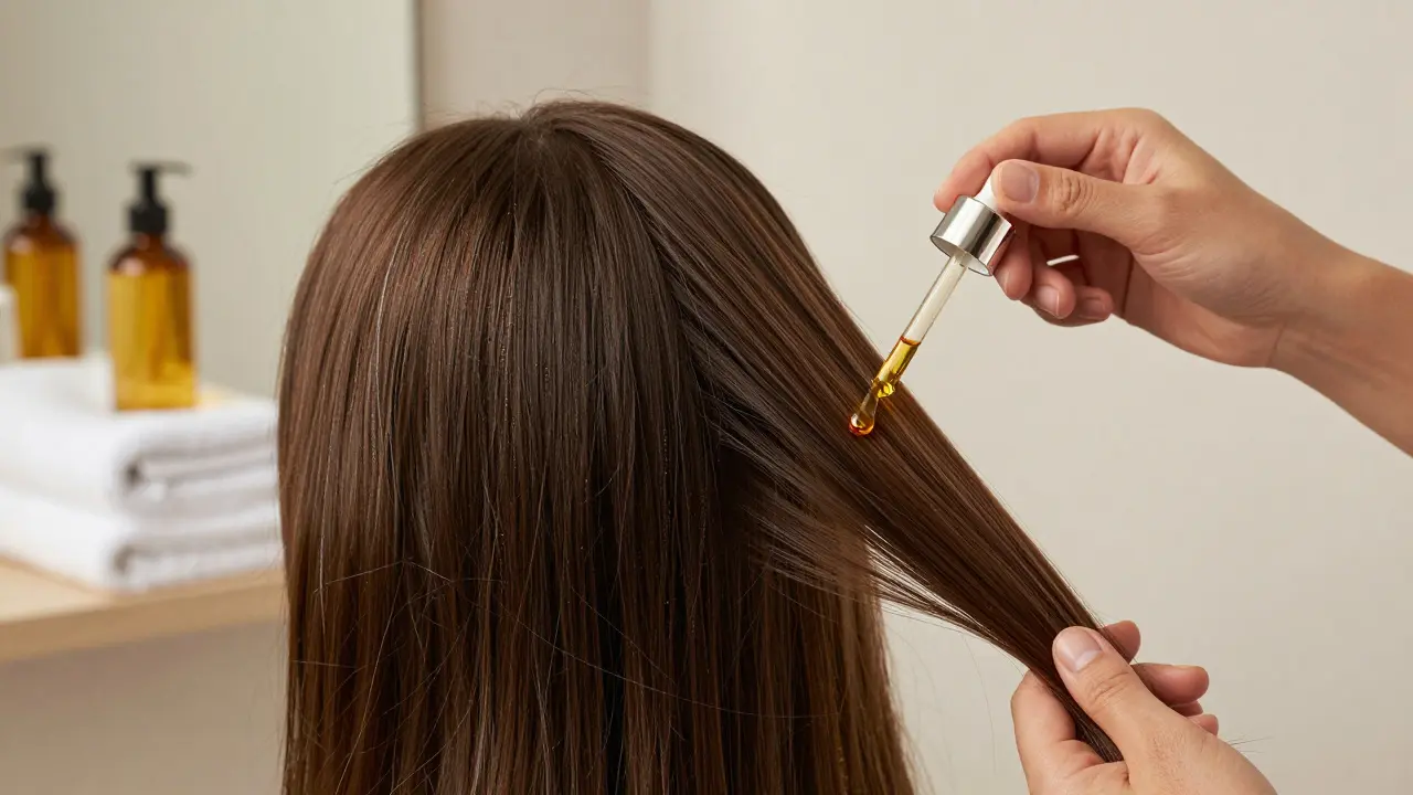 Aplikace arganového oleje na konce lesklých a zdravých vlasů.