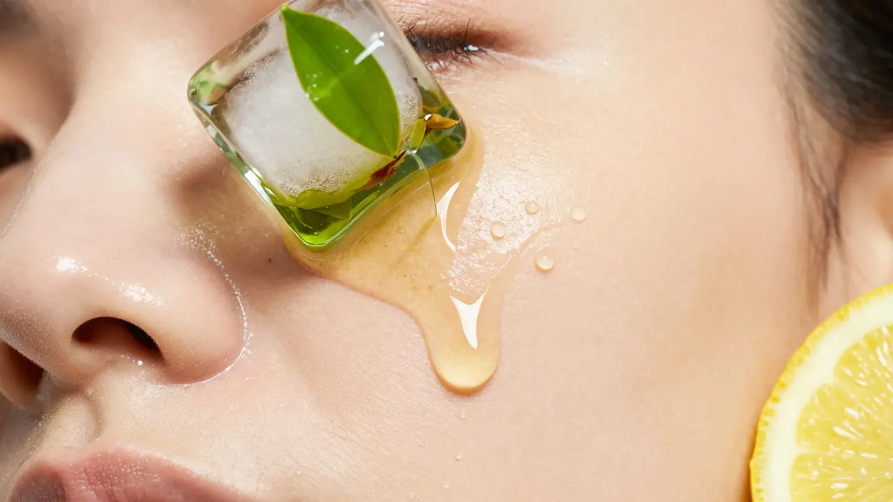 Detail kostky ledu z zeleného čaje přiložené k zářící a osvěžené pleti.